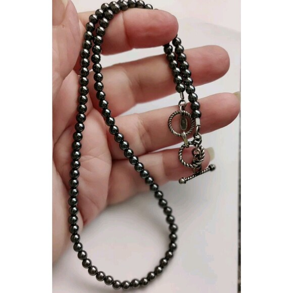 925 Sterling Silver Hematite Round Stone 18" Necklace Signed SI India